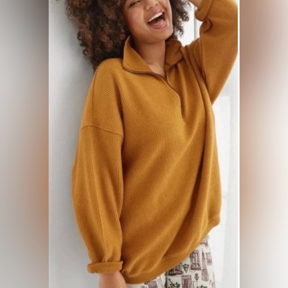 Aerie Small Gold Corduroy Sweater 1/4 zipper